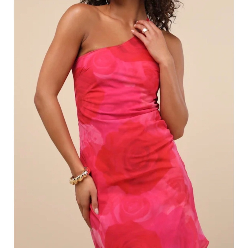 Lulus Pretty Serene Pink Floral One-Shoulder Asymmetrical Midi Dress Size M NWT - Picture 4 of 12